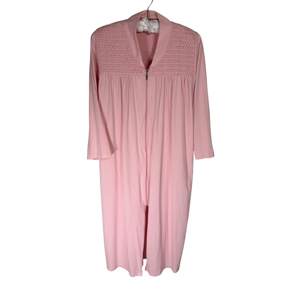 Cuddledown 100% Pima Cotton Smocked Zip Front Long Robe Housecoat Large Pockets